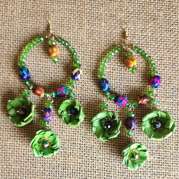Green and Blue Floral Hoop Earrings - Picture 3 of 4